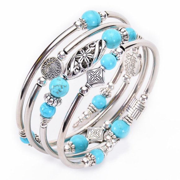 Women's Multi Circle Winding 4 Layer Natural Cascade Charm Bracelet - Adjustable - Picture 2 of 4